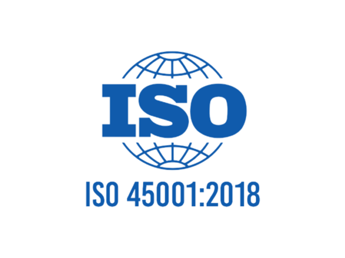 Logo ISO 45001:2018: simbolo circolare con scritta 'ISO 45001:2018 Occupational Health and Safety Management System